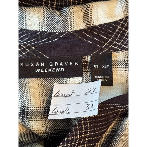 Susan Graver Women’s XLP Beige Mixed Plaid Tunic Top Pockets Preppy Quiet Luxury - Picture 2 of 10